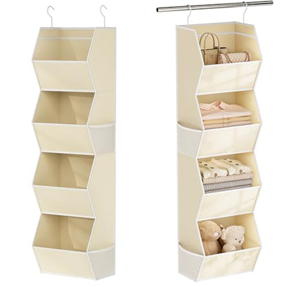 Hanging Closet Organizer 4 Shelf Collapsible Fabric Closet Organizers and Storage Hanging with Mesh Pocket for Clothes, Hanging Wardrobe Organizers and Storage for Sweater T-Shirt Shoes Toys, Beige