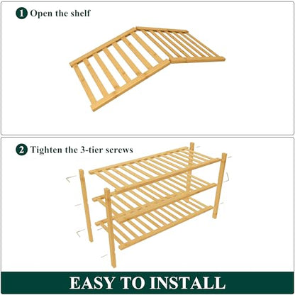 Smiry Bamboo Shoe Rack for Closet, 3 Tier - 26.77" Wide, Natural | Stackable Wooden Shoe Organizer, Wood Shoe Storage Shelf for Entryway, 14 Vertical Slats, Reinforced Legs