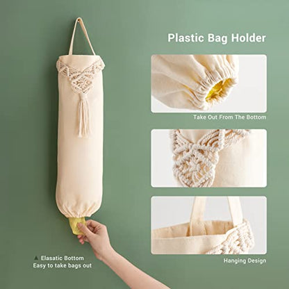 Mkono Plastic Grocery Bag Holder 2 Pack Medium Macrame Boho Trash Dispenser | Kitchen Camper Decor, Cotton Woven Hanging Storage, Shopping Cloth Organizer, Recycle Pantry Laundry Room Use, Space Saving