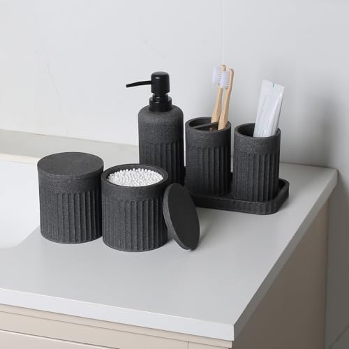 INIUNIK Bathroom Accessory Set, 6 Pieces, Dark Grey | Resin, Bathroom Accessories Set, Includes Soap Dispenser Set, Toothbrush Holders, Tumbler, Vanity Tray & 2 Qtip Holder