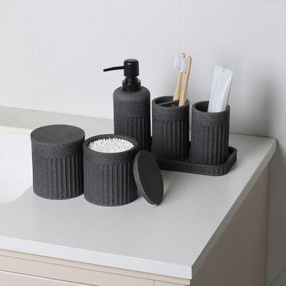 INIUNIK Bathroom Accessory Set, 6 Pieces, Dark Grey | Resin, Bathroom Accessories Set, Includes Soap Dispenser Set, Toothbrush Holders, Tumbler, Vanity Tray & 2 Qtip Holder