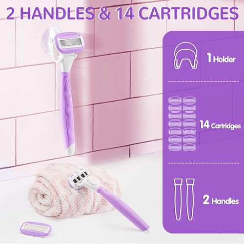 Razors for Women with 2 Handles 14 Cartridges and a Shower Holder, Purple | 5 Premium Blades Women's Razors for Shaving with 360° Lubrication Reduces Irritation