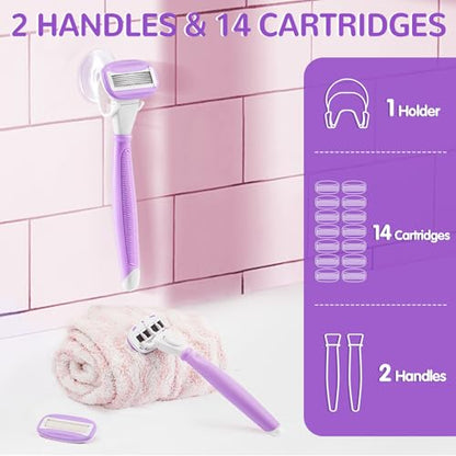Razors for Women with 2 Handles 14 Cartridges and a Shower Holder, Purple | 5 Premium Blades Women's Razors for Shaving with 360° Lubrication Reduces Irritation