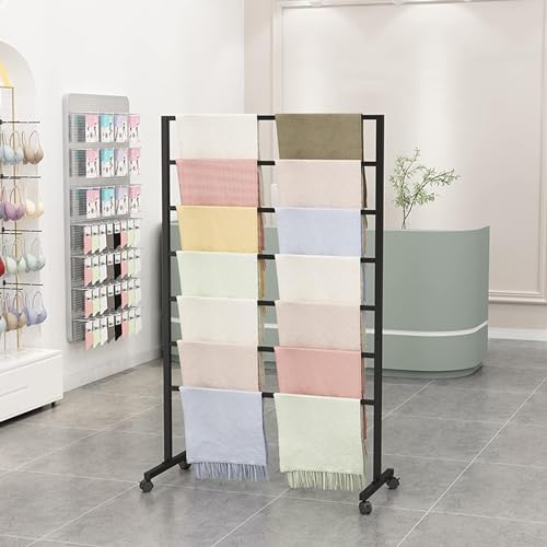 Freestanding Scarf Display Stand, Double-Sided Floor Towel Hijab Rack | Black Metal Belt Shawl Scarf Organizer for Boutique Display Commercial Retail Store Home, 360° Rotatable Easy Assembly