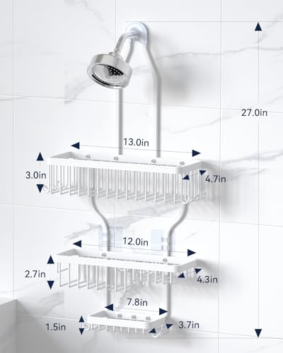 Never Rust Shower Caddy Hanging, Aluminum Shower Racks for Inside Shower, 3-Tier Shower Organizer Hanging Over Shower Head with Hooks and Soap Holder, White