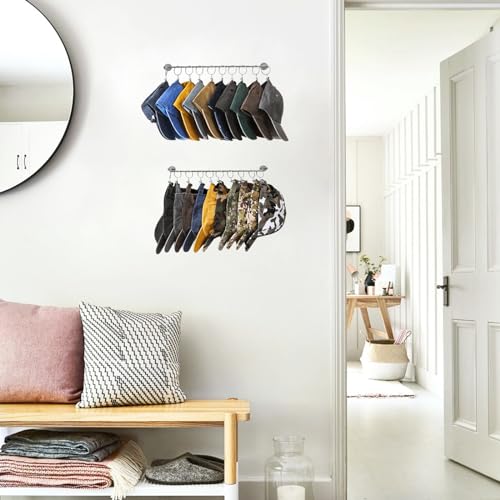 Viklluyr Hat Rack Baseball Cap Wall Organizer - Closet Hats Holder with 20 Hooks - Metal Caps Storage Wall Mounted Hat Hanger Set of 2 for Closet Door Bedroom Entryway Laundry(Grey)