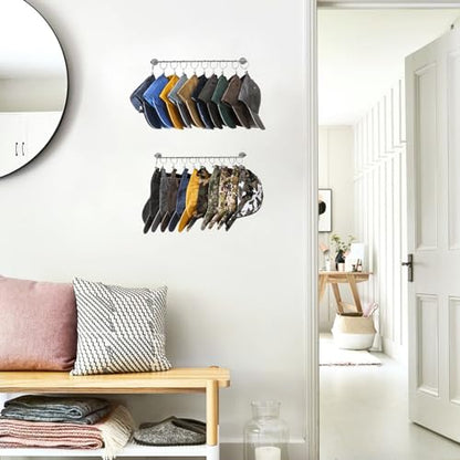 Viklluyr Hat Rack Baseball Cap Wall Organizer - Closet Hats Holder with 20 Hooks - Metal Caps Storage Wall Mounted Hat Hanger Set of 2 for Closet Door Bedroom Entryway Laundry(Grey)