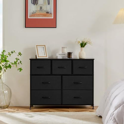 Sweetcrispy 7 Drawer Fabric Dresser for Bedroom Storage with Bins, Black | Anti-Tip Closet Organizer with Wooden Top and Sturdy Steel Frame, Spacious Drawers for Clothes Storage, Hallway Entryway