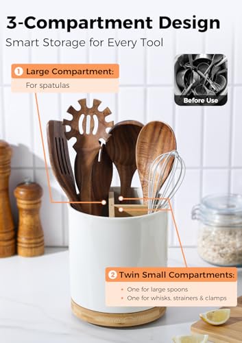 3 Compartment Utensil Holder, Extra Large Utensil... (White | Ceramic)