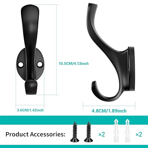 Coat Hooks Heavy Duty - Wall Mount Metal Towel Hooks Screw-in Wall Hooks for Hanging Hat, Towel, Key, Robe, Scarf, Bag, Cap (6 PCS Black)