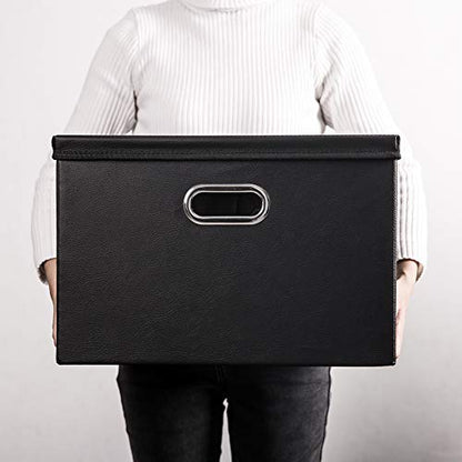 Large Collapsible Storage Bin with Lid [1-Pack] Leather Fabric Foldable Storage Box Organizer Containes Basket Cube with Cover for Home Bedroom Closet Office Nursery Black (17.7x11.8x11.8)