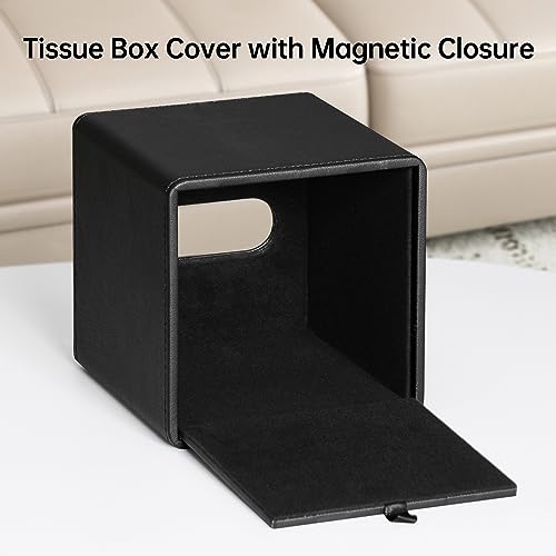 PU Leather Square Tissue Box Cover with Bottom, Black | Fits All Standard Cube Tissue Boxes, Modern Decorative Tissue Box Holder for Bathroom, Bedroom, Office, Living Room
