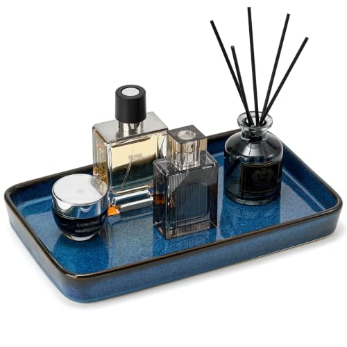 10"×6"×1" Bathroom Vanity Tray for Countertop- Ceramic Decorative Organizer Tray for Dresser Tops, Toilet, Perfume, Sponge Holder Soap Dish Dispenser for Kitchen Counter- Kiln-Transformed Blue