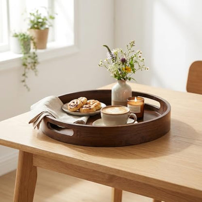 Round Trays Home Decor, 11.8" Large Round Wood Tray for Ottoman Coffee Table Trays, Wooden Kitchen Serving Decorative Trays for Home Office Counter Serveware Organizer, Walnut