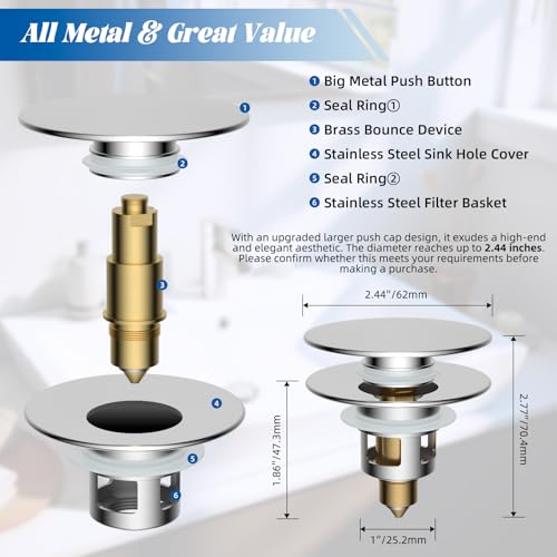 Hibbent All Metal 2 in 1 Bathroom Sink Stopper, Universal Pop Up Drain Strainer, Brass Bullet Core Push Type Sink Stopper for 1.1''~2.3'' Basin, Big Push Button, Anti Clogging Drain Filter, Chrome