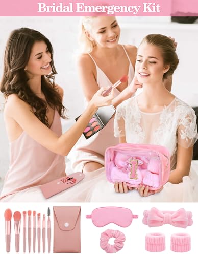 Initial Makeup Bag with Makeup Brush Set Party Favors Gifts for Women Girls | Pink Spa Kit with Skincare Headbands Wrist Bands Sleepover Bachelorette Party Supplies Gifts for Teen Girls Bridesmaid I