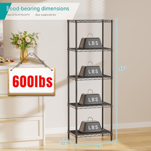 Metal Shelves Wire Shelving Storage Standing Adjustable Shelf Unit | 5 Tier Mesh Units Shelf for Kitchen Laundry Bathroom Closet Organizers Pantry Narrow Home Rack 10" D x 16" W x 55" H Black
