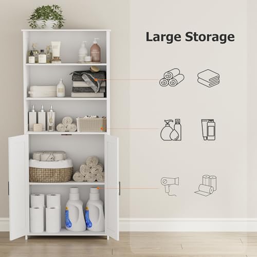 67" Tall Bathroom Storage Cabinet, Bathroom Floor Cabinet | Freestanding Farmhouse Cabinet with Doors and Adjustable Shelf, Linen Cabinet for Bathroom, Living Room, Laundry Room, White
