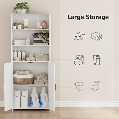 67" Tall Bathroom Storage Cabinet, Bathroom Floor Cabinet | Freestanding Farmhouse Cabinet with Doors and Adjustable Shelf, Linen Cabinet for Bathroom, Living Room, Laundry Room, White