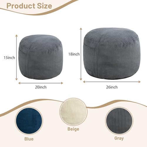 Round Stuffed Pouf Ottoman (Gray, 20" D x 20" W x 15" H) | Corduroy Foot Rest with Rebound Foam Filling, Furry and Fluffy Foot Stool Ottoman, Floor Poufs for Living Room