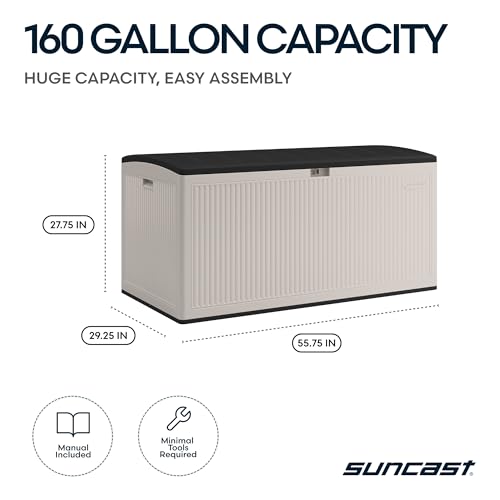 Suncast XL Deck Box, 160 Gal, Resin Reeded, Lockable, Iron Ore, French Gray