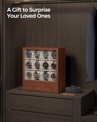 SONGMICS Watch Box 12-Slot Watch Display Case with Window | Solid Wood Veneer, Velvet Lining, Vertical Storage, Space Saving, Gift Idea, Coffee Brown, UJOW014K01