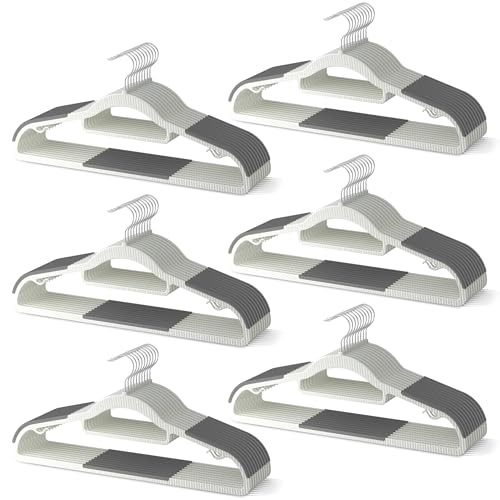 60 Pack Heavy Duty Plastic Hangers, Non Slip Clothes Hangers with Rubber Pads and 360° Hook - Thin Space Saving Hanger, Closet Organizer for Shirt, Pants, Suit, Skirt,Coat - Gray