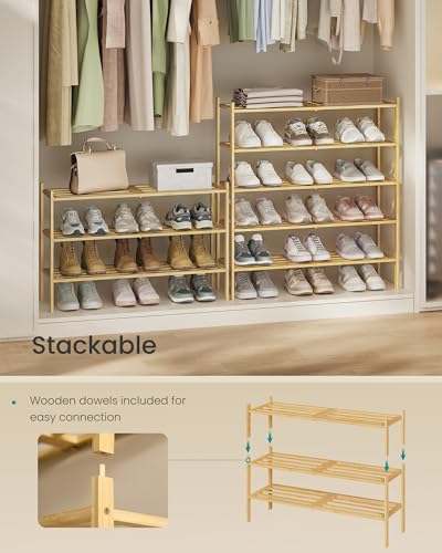 SONGMICS Bamboo Shoe Rack for Closet, Stackable Shoe Oragnizer with Modular Structure, Space-Saving Free Standing Shelf for Entryway Bedroom, 3-Tier, Holds 12-16 Pairs, Natural Color ULBS053YL01