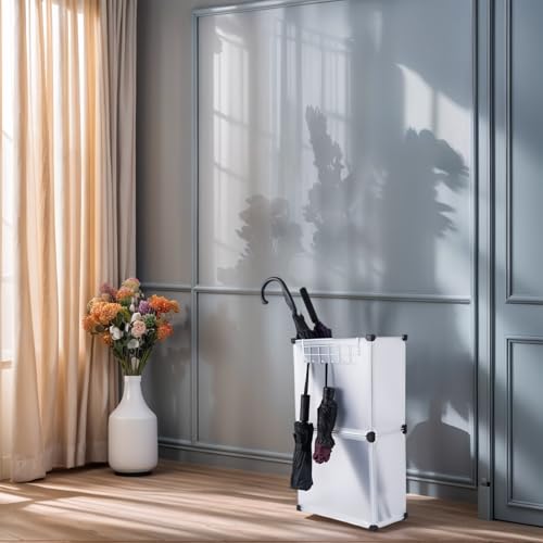 Umbrella Stand, Umbrella Holder for Entryway, 14.3 * 7.4 * 24.4inches,Square umbrella storage rack with built-in drip tray and metal hook,White.