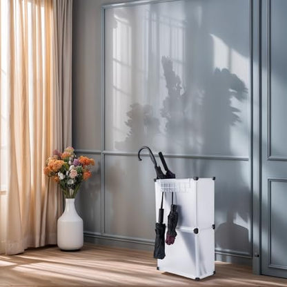 Umbrella Stand, Umbrella Holder for Entryway, 14.3 * 7.4 * 24.4inches,Square umbrella storage rack with built-in drip tray and metal hook,White.