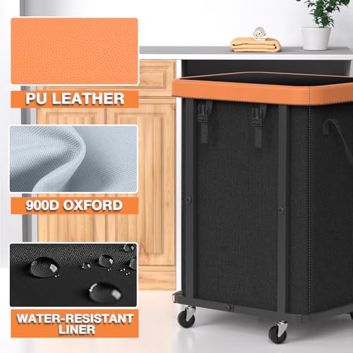 Laundry Hamper with Wheels,150L Leather Patchwork Clothes Hamper Black | Rolling Laundry Basket with Sturdy Metal Frame, Removable Washable Bag,Tall Clothes Sorter for Bedroom, Laundry Room, Dorm