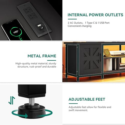 YITAHOME Farmhouse TV Stand with LED Lights & Charging Station, Black | Entertainment Center with Storage Cabinets & Shelves, Cross-Pattern Doors, Fits TVs up to 70'', TV Consoles for Living Room