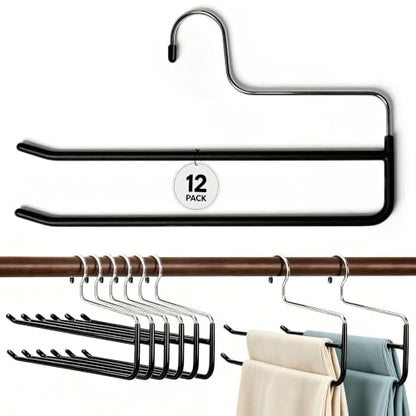 12 Pcs Pants Hangers Double Rod Jean Hangers,Open-Ended Pants Hangers Black | Non-Slip,Space Saving Pants Hangers,Double Hanger for Apartment Closet Storage Organizer Trousers Scarves
