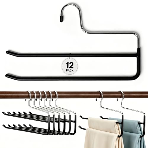 12 Pcs Pants Hangers Double Rod Jean Hangers,Open-... (12 Count | Black | Metal)
