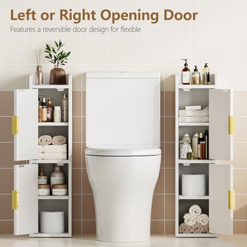 Yoobure Small Bathroom Storage Cabinet - Corner Floor Cabinet with 2 Doors & Adjustable Shelves, Narrow Slim Toilet Paper Cabinets, Skinny Bathroom Organizer for Small Space, 7.9" D x 7.9" W, White