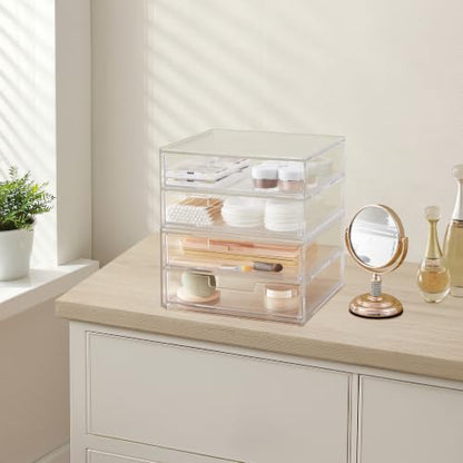 STORi Stackable Desk Drawer Organizer, Clear Pen Pencil Makeup Brush Holder for Desktops and Vanities, 4 Wide Drawers (Made in USA)