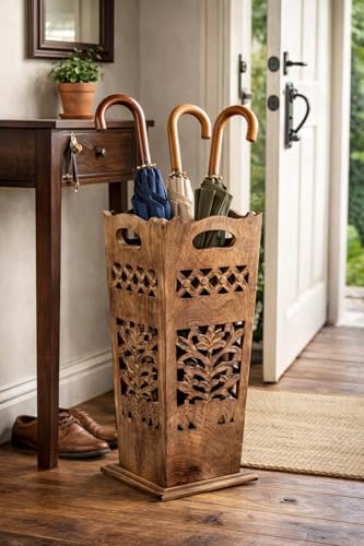Antique Wooden Umbrella Stand & Walking Cane Holder for Home, Office & Entryway | Hand-Carved Solid Wood Umbrella & Cane Storage Rack | Size 21.5 x 8 x 8 in, Base 7.5 x 7.5 inches (Paisley)