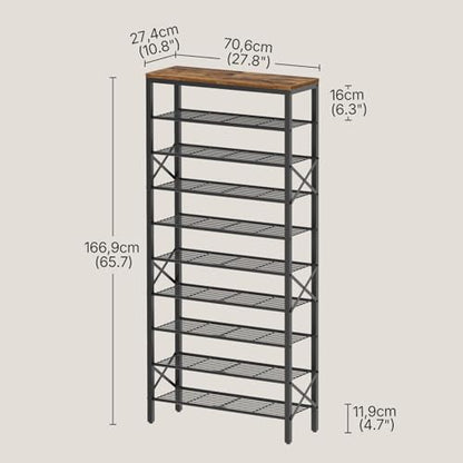 10 Tier Shoe Rack, Large Capacity Shoe Storage Organizer Holds 40 Pairs, Sturdy and Stable, for Entryway, Hallway, Closet, Dorm Room, Rustic Brown SS10BR