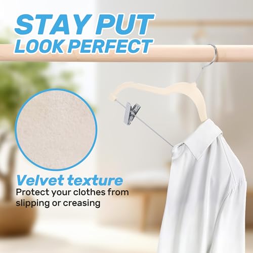 Velvet Pants Hangers 20 Pack with Adjustable Clips, Beige | Space-Saving Slim Felt Hangers; Heavy Duty Non-Slip Flocked Clothes Hangers; Pants, Skirts, Dresses, Jeans