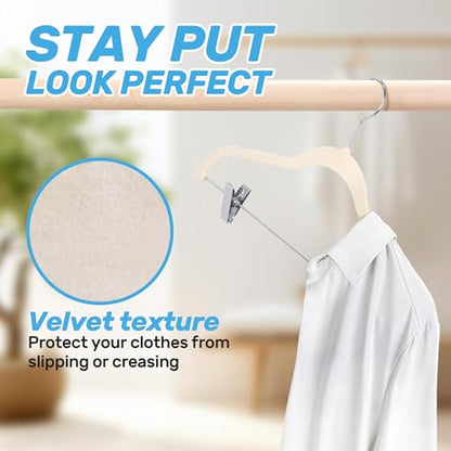 Velvet Pants Hangers 20 Pack with Adjustable Clips, Beige | Space-Saving Slim Felt Hangers; Heavy Duty Non-Slip Flocked Clothes Hangers; Pants, Skirts, Dresses, Jeans