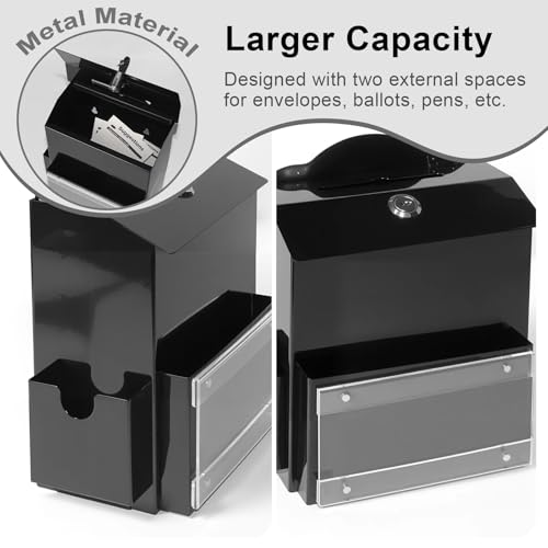 Metal Suggestion Box with Magnetic Sign Holder, Black Donation Box | 2 Extra Side Spaces, Wider 3.9in Slot for Convenient Drop, Secure Lock with 2 Keys, Wall Mounted or Tabletop, Diversified Use
