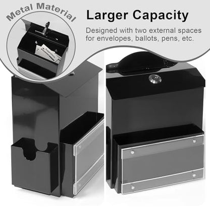 Metal Suggestion Box with Magnetic Sign Holder, Black Donation Box | 2 Extra Side Spaces, Wider 3.9in Slot for Convenient Drop, Secure Lock with 2 Keys, Wall Mounted or Tabletop, Diversified Use
