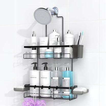 Hanging Shower Caddy Over Showerhead - Rustproof No Drill Shower Organizer | Includes Soap Holder and Hooks for Shampoo, Conditioner, and Bathroom Essentials with Quick Drainage Design