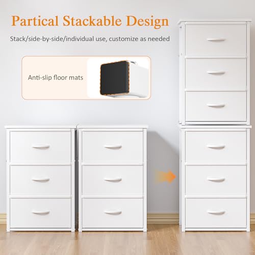 DAOUTIME Stackable Storage Drawers, 3 Drawers for Closet Clothes, White Closet Organizer with Wooden Top & Metal Frame, Freestanding or Stackable Dresser for Bedroom, Living Room