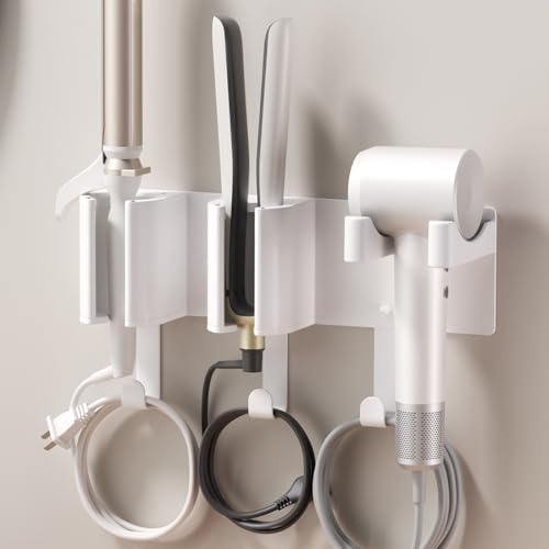 Hair Tool Organizer Wall Mount, Hair Dryer & Curling Iron Storage | 3-Compartment Blow Dryer and Straightener Holder, Screw Mounting, Aluminum Alloy & ABS, White (Hair Tools Not Included)