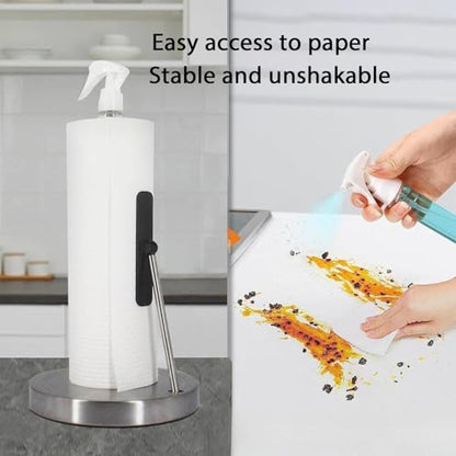 2-in-1 Standing Paper Towel Holder with Spray Bottle, Paper Towel Stand with Suction Base & Weighted Arm for Kitchen, Countertop, Stainless Steel Brushed Nickel Finish (Black)