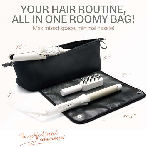 Hair Tools Organizer - Hot Hair Tools Travel Bag with Heat Resistant Mat, Large Capacity Pouch for Flat Irons, Curling Wands, Hair Dryers - Black