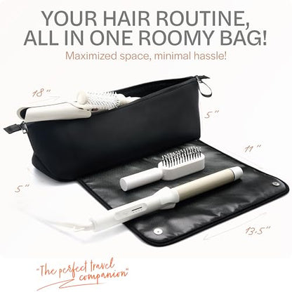 Hair Tools Organizer - Hot Hair Tools Travel Bag with Heat Resistant Mat, Large Capacity Pouch for Flat Irons, Curling Wands, Hair Dryers - Black