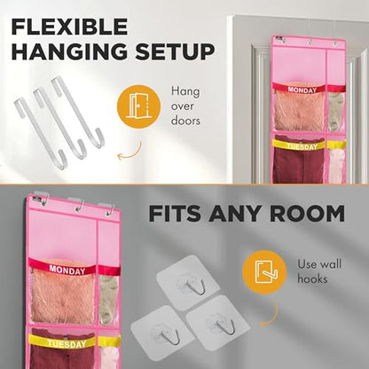 Handy Laundry Weekly Clothes Organizer for Kids, 10 Pocket 5-Shelf Closet | Days of the Week Hanging Closet Shelves, Monday Through Friday & Weekend, School Outfit Storage, Side Pockets, Over-Door