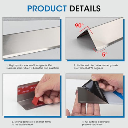 Stainless Steel Wall Corner Guards, 2 x 2 x 48 inches (2 Pcs Pack). Made of 304 Steel, These 90-Degree Angle Metal Corner Protectors are Designed for Wall Protection and Decoration